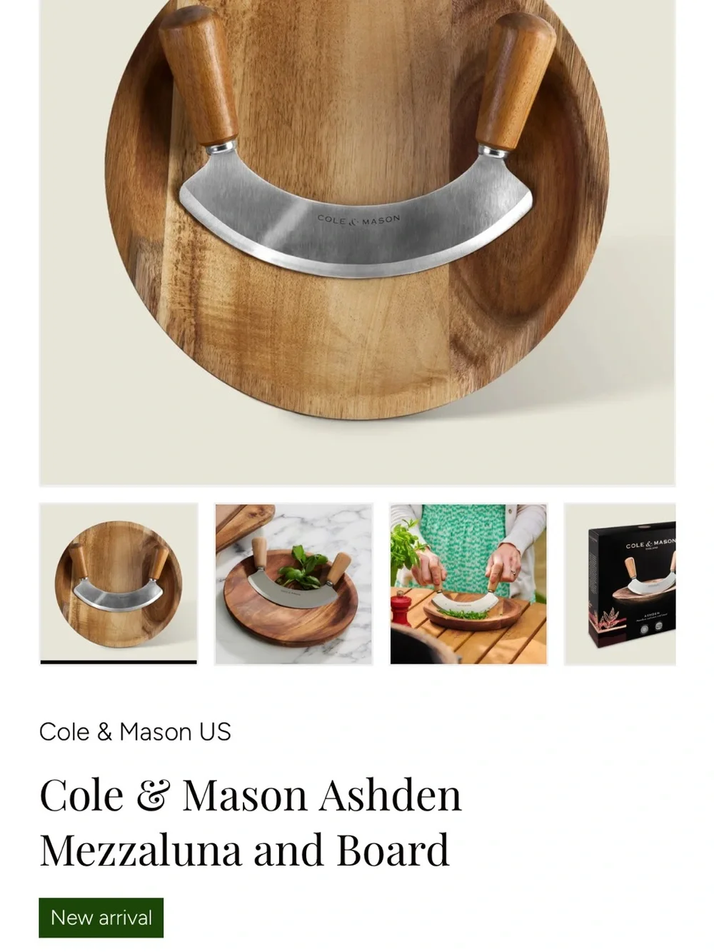 Cole & Mason Ashden Acacia Wood Mezzaluna Knife Board Cutting chopping Herbs Nut